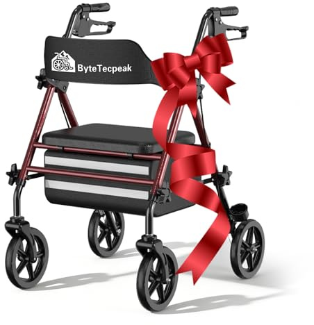 ByteTecpeak R4 Rollator faltbar und leicht mit Sitz, Rollatoren schmal für Wohnung, Rollatoren für Senioren klappbar mit 20 cm Reifen für All-Terrain, Sitz- und Griffhöhe verstellbar