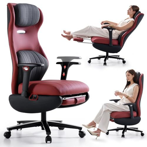 EMIAH Adjustable Armrests Ergonomic Office Chair, PU Leather, Red | Reclining Desk Chair with Footrest, High Back Gaming Chair, Big Executive Computer Chair with Headrest and Lumbar Support