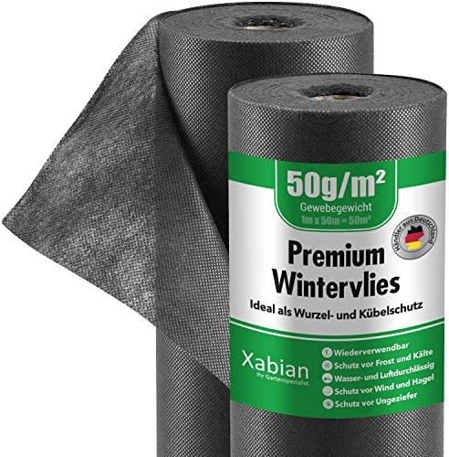 Xabian Wintervlies 50m² (50m x 1m) ROLLE 50g/m² Frostschutz für Pflanzen schwarz - Sehr hochwertiges Winterschutzvlies für Pflanzen mit hoher UV-Beständigkeit | Idealer Winterschutz für Pflanzen