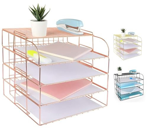 Spacrea Bandeja para Cartas, organizadores de Escritorio y Accesorios de Oro Rosa de 4 Niveles para Mujer, Bandeja de Papel apilable, Organizador de Archivos de Escritorio con 1 Estante Superior de