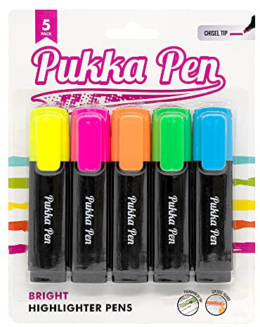 Pukka Pad, Highlighter Pens – 5 Pack of Chisel Tip Highlighters with Transparent Ink and Smudge Guard – Non-Toxic – Includes Yellow, Orange, Pink, Green, and Blue
