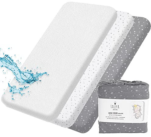 Spannbettlaken 60x120 Baby Lilly B. Bio-GOTS-Zertifiziert. Set aus 2 Bettlaken + 1 Wasserdichter Matratzenschoner 120 x 60 cm 100% Bio-Baumwolljersey für Babybetten und Kleinkinderbetten.