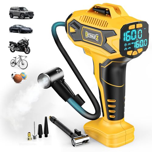 DIYtoolifz Cordless Tire Inflator Air Compressor Compatible with Dewalt 20V Battery, 160PSI Portable Air Pump with Digital Pressure Gauge, Fast Inflation for Cars, Motorcycles, Bikes (Bare Tool)