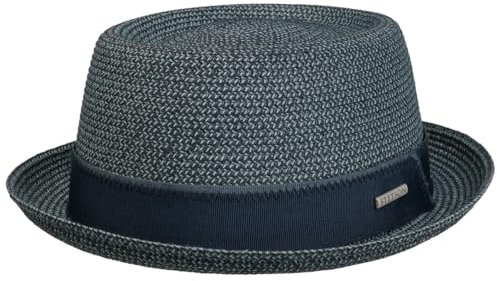 Stetson Ruviano Pork Pie Strohhut Melierter Hut UV Schutz 40+ Damen Herren Frühjahr Sommer dunkelblau XL (60-61 cm)