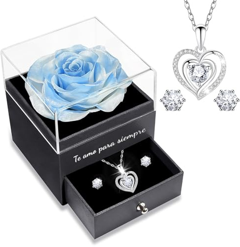Sunia Regalo Dia de la Madre, Rosa Eterna con Collar y Pendientes de Corazón Plata de Ley 925, Rosa Eterna Natural Preservada para Mujer Mama Abuela, Regalo del Dia de la Madre San Valentin Navidad