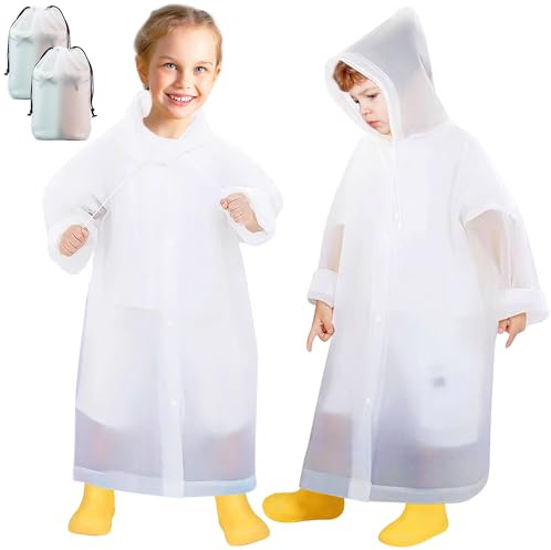 Domueay Chubasquero Niños Niñas Poncho Impermeable 2 Piezas Poncho Lluvia Ligero Transparente Reutilizable con Capucha Capa de Lluvia Plegable Transpirable Unisex, Transparente