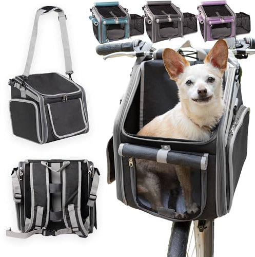 Dog Bike Basket, Mesh Windows, 2 Safety Leashes, Soft Sided, Safe Comfortable Pet Carrier for Small Dogs, Cats (Black)
