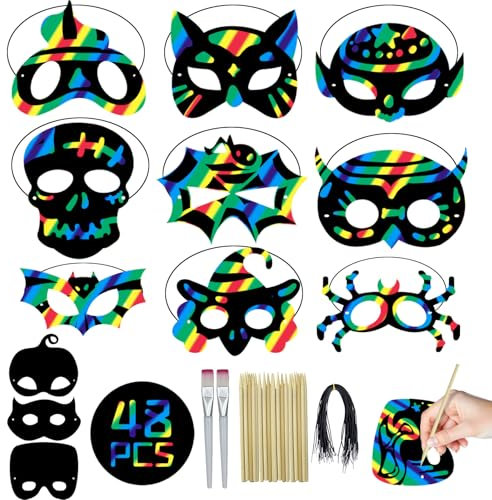 Pwtuuki 48 Stück Kratzbilder Set Regenbogen Scratch Art Masken für Kinder, Osterspiel Kratzpapier Bastelset DIY Maske Ostern Geschenke für Kinder Geburtstag Party Zubehör