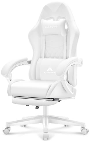 TUKAKA White Gaming Chair,Ergonomic Massage Computer Office Desk Chair with Footrest,Pocket Spring Cushion,Reclining Leather Adjustable Gamer Chair with Headrest and Lumbar Support,White