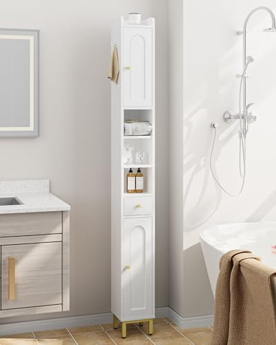 Hzuaneri Badezimmerschrank, Badschrank Hochschrank, Hoher Badezimmer mit 2 Türen und Schublade, Offene Fach, Badschrank mit Verstellbarem Regal Für Wohnzimmer, Arbeitszimmer, Weiß BC28013X