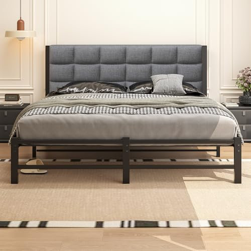 JUISSANO 5ft King Size Bed Frame with Headboard,Upholstered Platform Bed Frame King Size,Mattress Base,Strong Metal Slat Support,No Box Spring Needed,Under Bed Storage,Easy Assembly,Grey Linen 150×200