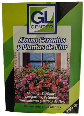 Abono geranios y plantas de flor 750g - GL Center. Ideal para geranios, surfinias, margaritas, petunias, pensamientos y bulbos de flor. Mejora su color. Estimulacion del crecimiento.