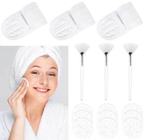 3 Stück Maskenpinsel Gesicht Set Fächerpinsel Kosmetik 3 Stück Kosmetik Haarband Klettverschluss Frottee Haarband 9 Stück Komprimierte Gesichtsschwämme Wiederverwendbar für Gesicht Sbehandlungen