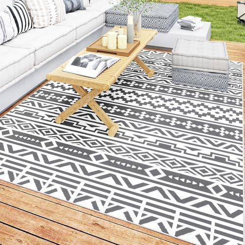 Outsunny Tappeto da Esterno per Balcone e Terrazza, Tappetino Reversibile con Fantasia Geometrica, Resistente ai Raggi UV, per Giardino, Patio, Spiaggia, Picnic, 182x274 cm, Grigio Scuro e Bianco