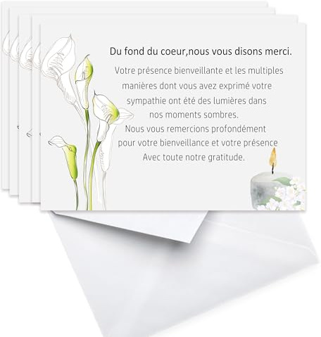 Lot de 50 - Cartes Remerciement - Deuil – Cartes Condoléances - Décès Obsèques -50 Cartes avec 50 Enveloppes – Cérémonie Funéraire Cartes - Remerciements Condoléances Papier Mat de Qualité Format A6