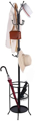 Luyi-Life Metal Coat Rack Stand with Umbrella Holder 12 Hooks for Hallway,182cm Free Standing Coat Tree Hanger Stand for Clothes, Hats, Bags, Used in Entryway, Living Room,Bedroom, Office, Black