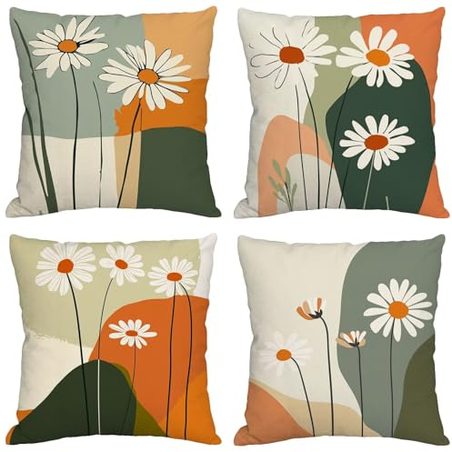 Cushion Covers 35x35cm Simplicity Cushions Outdoor Waterproof Throw Pillow Covers with Invisible Zipper Linen Pillowcases for Garden Bench Patio Home Sofa Indoor Decor,20x20in Set of 4 Daisy BZ-153