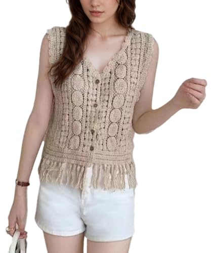 EMOTTOS Gilet sans Manches à Col en V pour Femme, Cardigan au Crochet avec Ourlet à Pompons, Boutons Vêtement D'été pour Robes de Soirée et Robes de Cocktail, Beige, Taille Unique