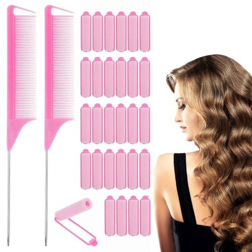 30Pcs Self Grip Hair Rollers - Pink Heatless Foam Curlers for Long & Short Hair, Creates Overnight Curls & Volume with Pintail Comb