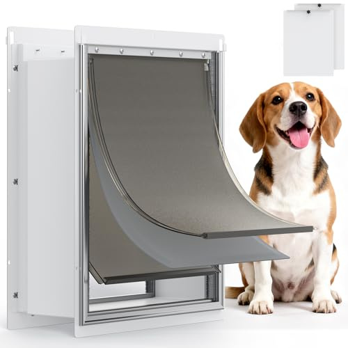 Powools Pet Dog Door for Wall - Robust Steel Pet Door with Magnetic Triple Flaps, 12.6 x 10 Flap Opening, Adjustable Tunnel for 3.4-6 Thick PVC, Wood, Drywall, for Pets Up to 45lb, White