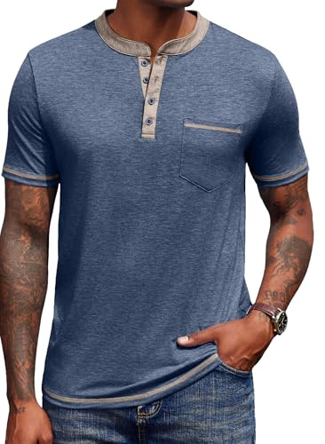 COOFANDY Men's Short Sleeve Henley Shirt Soft Stretch Knit Button Placket T-Shirt Contrast Color Trim Casual Summer Top