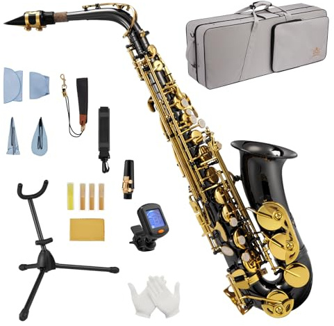 STRICH Kit de saxofón alto para estudiantes principiantes, con correa para el cuello, boquilla y lengüetas, ideal para la banda del colegio y para practicar en casa, SSA-31B, negro