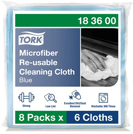 Tork Microfiber Reusable Cleaning Cloth Blue, Dry and Wet Use, 8 x 6 cloths, 183600