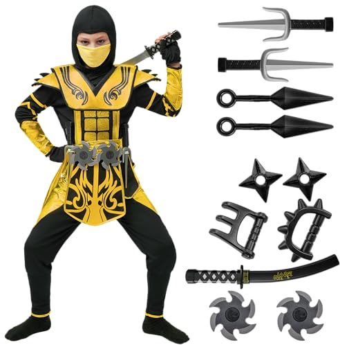 Spooktacular Creations Costume de ninja doré pour les fêtes à thème ninja pour garçons, déguisement d'Halloween, jeu de rôle ninja, fête de Noël (Large (10-12 yrs))