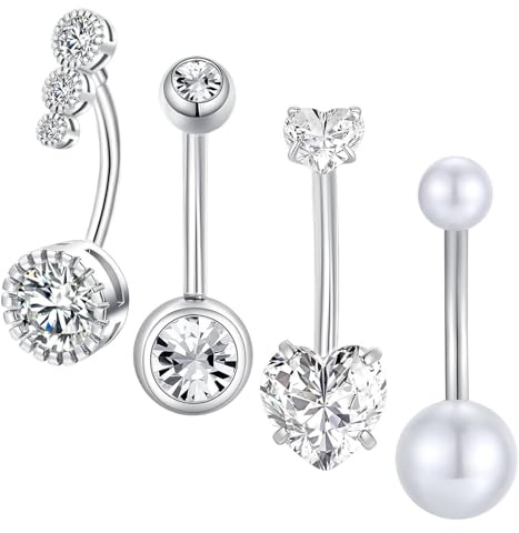 Gojewen 4 Pezzi Piercing Ombelico Acciaio Chirurgico 14mm 14G Argento Cuore di Cristallo Gioielli