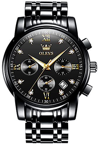 OLEVS Montres pour Homme en Acier Inoxydable Analogique à Quartz Multifonction avec Diamants Classique de Luxe Cadran Noir Bracelet Noir Standard Sportif et élégant Chronographes Calendrier