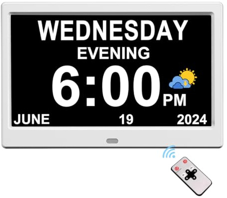 CAZOKASI DST Digitaluhr mit Datum und Wochentag für ältere Menschen, 12 Alarme, Medikamentenerinnerung, Demenz, Alzheimer, Uhr, Kalender mit extra großem Display (weiß/25,7 cm)