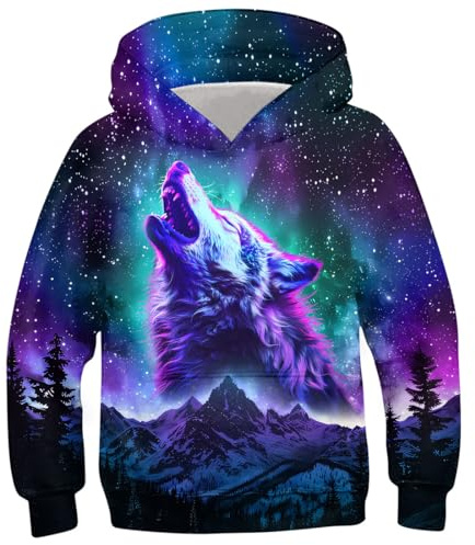 Fanient Pullover Mädchen Jungen Wolf Print Hoodie Kinder Streetstyle Hoodie Galaxie Pullover Mädchen Sweatshirt mit Taschen 8-10 Jahre,M
