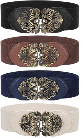 LEACOOLKEY 4 Pack Women Vintage Wide Waist Belt for Dress, Elastic Cinch Belt with Retro Interlocking Brass Buckle