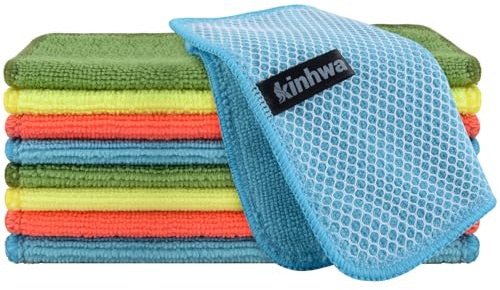 KinHwa 9 Pack Microfibre Dish Cloths Absorbent and Fast Dry Reusable Cleaning Cloth with Scrub Side for Kitchen Cleaning and Washing up 20x20 cm mul