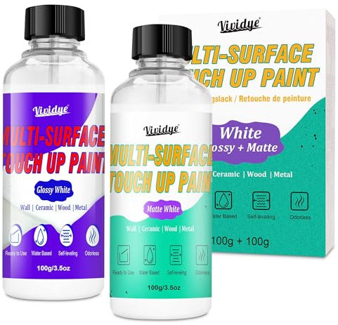 Touch Up Paint - 2x100g Gloss and Matte White Touch Up Paint, Multi-Surface White Wall Paint for Scratches, Chips, Cracks on Door, Cabinets, Furniture, Wood, Ceramic, Fast Drying ＆ Water-based