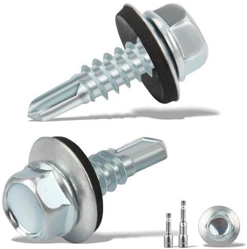 sturiz 200 st. plåtskruvar självgängande skruvar 4,8 x 16 mm trapetsplåtskruvar dispenserskruvar med tätningsskiva 2 st. sexkantsbits hylsnyckelsats M8 galvaniserade borrskruvar (silver)