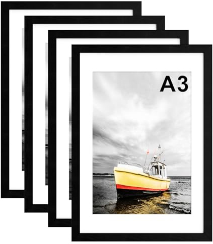 A3 Picture Frame with Mount, 4 Pack 29.7x42cm Photo Frames, Black A3 Poster Frame with Safe Perspex Front