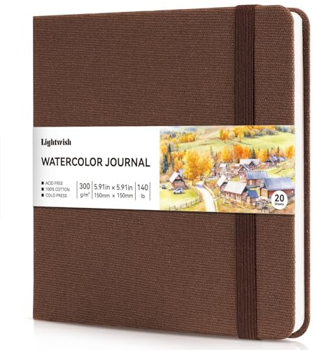 Journal aquarelle – Papier pressé à froid 100 % coton | 20 feuilles de 40 pages | 300 g/m² | Couverture en coton et lin | Carnet de croquis aquarelle pour peinture d'artistes, supports mixtes 15 x 15