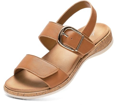 Littleplum Sandales Femme Été Confortable Élégantes Plate Sandales Boucle Réglable Chaussures de Plage, A Marron, 39 EU
