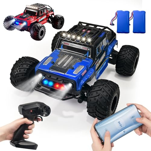 28 KM/H fjärrstyrd bil, monstertruck, fjärrstyrd med dubbla skal och ljus, 1/18 RC-bil offroad med appkontroll, 2 batterier 60 MIN speltid, 2,4 GHz fjärrstyrd bil från 5 6 7 8 9 10 år