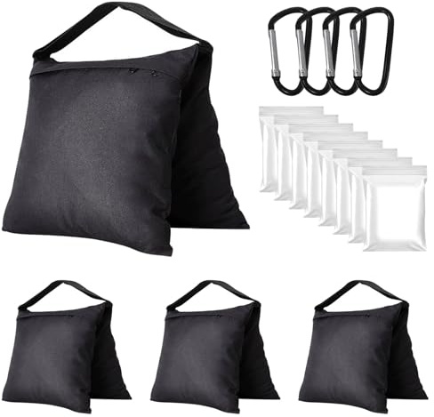 Sandsäckar för fotografering, set om 4 52 x 25 cm, Oxford sandsäckar för att tynga ner med 4 karbinhakar och 8 förslutningspåsar, för stativ, fotografi, utomhusfotografering, tält, fiskestolar