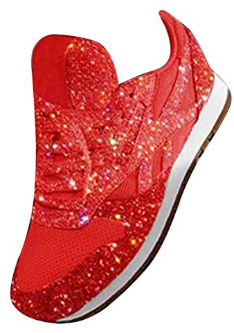 ORANDESIGNE Basket Femme Compensee Chaussures de Course Sport Fitness Sneakers Mode Paillettes Baskets Boîte de Nuit Chaussures Décontractées Rouge 39 EU