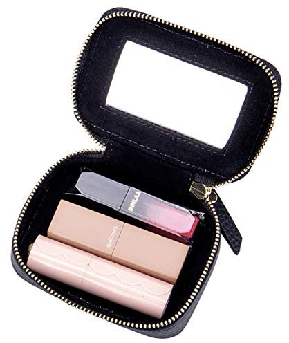Aileder Mini Lipstick Case Holder Box with Mirror Genuine Leather Small Travel Makeup Cosmetic Pouch Bag Storage Kit for Women Girls (Black)