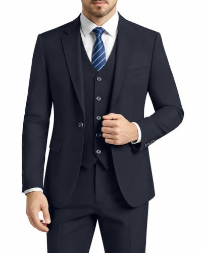 LUPURTY Traje de 3 piezas para hombre, corte ceñido, chaqueta lisa, chaleco y pantalón con corbata, esmoquin de 1 botón, Azul marino oscuro, XX-Large