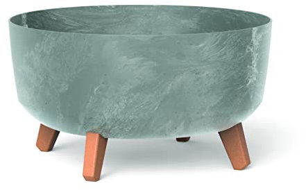 Medium Round Low Modern Look Planter Flower Plant Pot Indoor Outdoor Garden Decor Wooden Look Legs (Concrete)