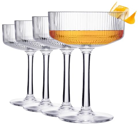 Khen Vintage Art Deco Shatterproof Coupe Martini, Champagne & Cocktail Glasses | Set of 4 | Acrylic Ribbed Glasses 8 oz Ripple Glassware Classic Cocktail Glassware Indoor & Outdoor, European Design