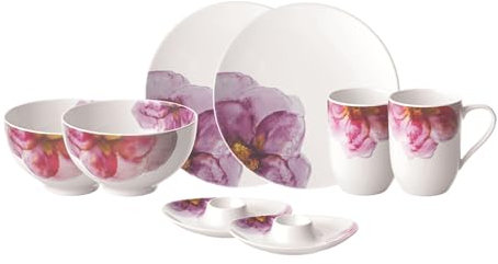 Villeroy & Boch Rose Garden, Set De Vajilla De Porcelana, 8 Piezas, Moderno Patrón De Flores, Servicio De Desayuno Para 2 Personas
