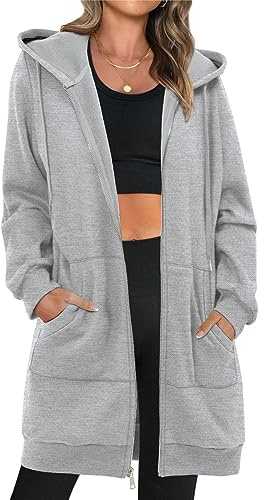 StunShow Grey Zip Up Hoodie for Women - Cute Y2K Long Sleeve Sweatshirt - Casual Jacket