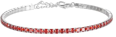 Pulsera unisex de tenis rojo de plata 925 rodiada – Colección Rainbow Les Folies, 16cm+3cm, 19cm+3cm, Plata de ley, Circonia cúbica