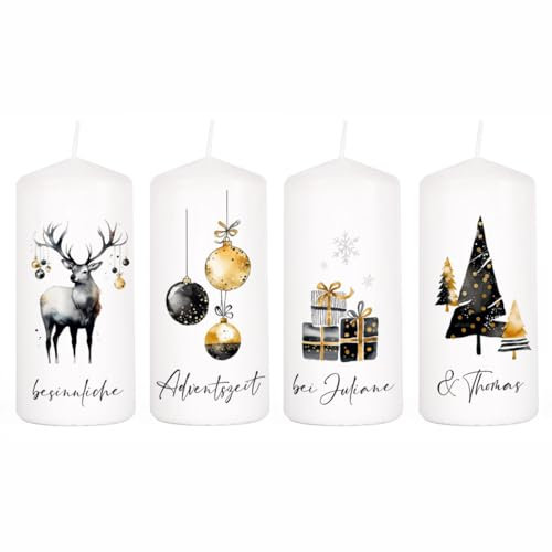 Herz & Heim® 4er Set Adventskerzen mit Wunschtext und stimmungsvollen Motiven